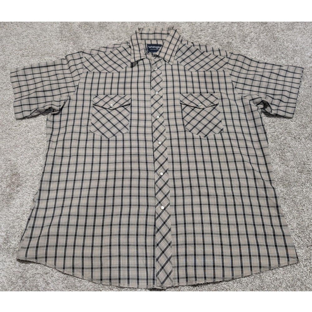 Wrangler Western Shirt Mens XL Tan Black Plaid‎ Pearl Snap Short Sleeve Casual